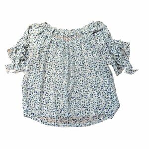 Floral Ruffle Blouse - Bow Tie Sleeves, Blue,Green,White,Yellow Size Medium